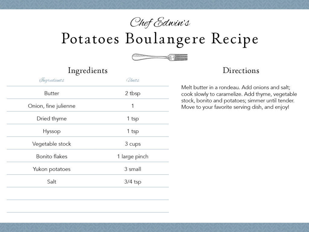 edwin bloodworth recipe card potatoes boulangere